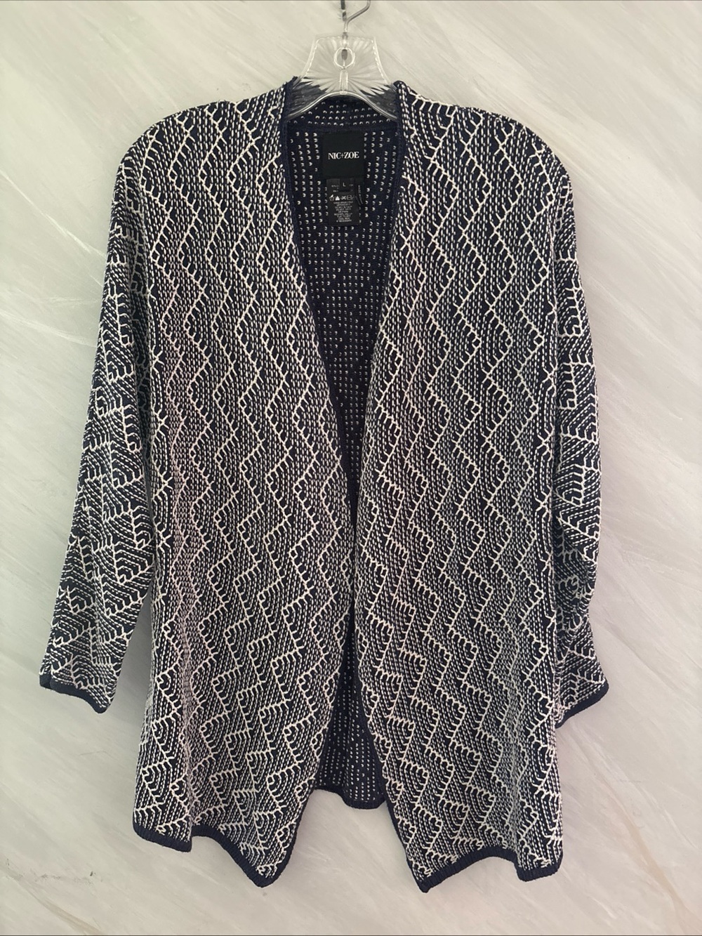 NIC + ZOE L Blue/ White Geo Long Sleeve Open Front Waterfall Cardigan Sweater